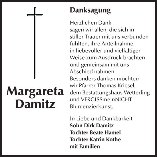 Traueranzeige von Margareta Damitz von Volksstimme Staßfurt
