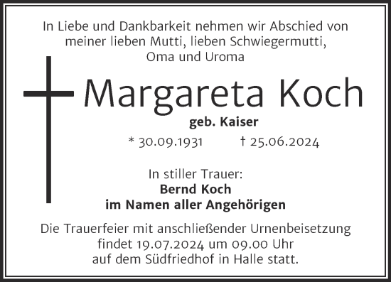 Traueranzeige von Margareta Koch von Mitteldeutsche Zeitung Halle/Saalkreis