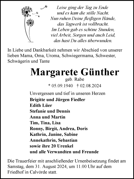 Traueranzeige von Margarete Günther von Volksstimme Haldensleben/Wolmirstedt