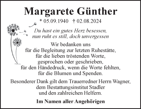 Traueranzeige von Margarete Günther von Volksstimme Haldensleben/Wolmirstedt