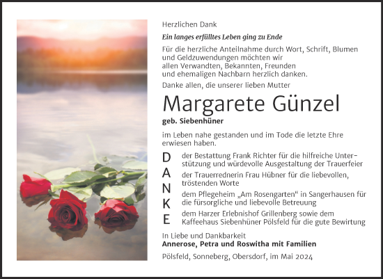 Traueranzeige von Margarete Günzel von Trauerkombi Sangerhausen
