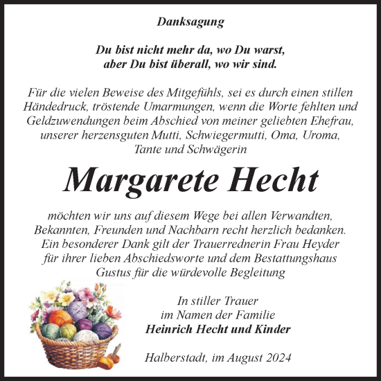 Traueranzeige von Margarete Hecht von Volksstimme Halberstadt