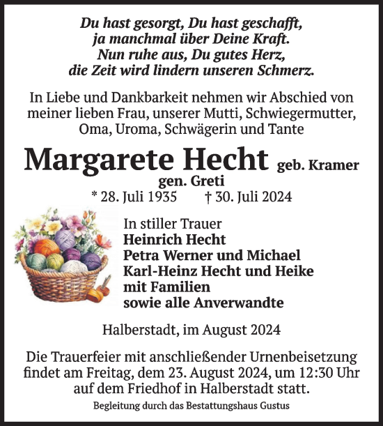 Traueranzeige von Margarete Hecht von Volksstimme Halberstadt