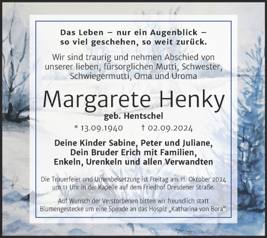 Traueranzeige von Margarete Henky von Trauerkombi Wittenberg