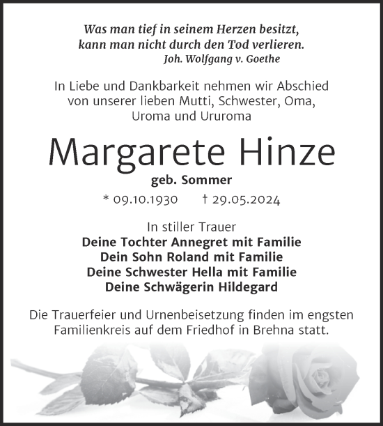 Traueranzeige von Margarete Hinze von Trauerkombi Bitterfeld