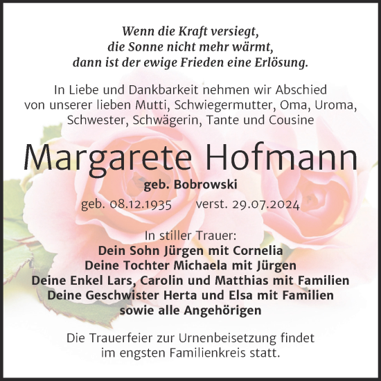 Traueranzeige von Margarete Hofmann von Trauerkombi Weißenfels