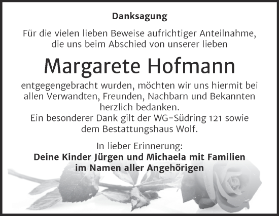 Traueranzeige von Margarete Hofmann von Trauerkombi Weißenfels
