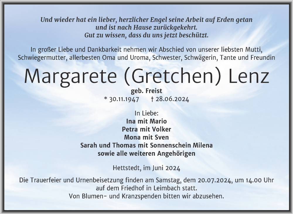  Traueranzeige für Margarete Lenz vom 11.07.2024 aus Trauerkombi Mansfelder Land