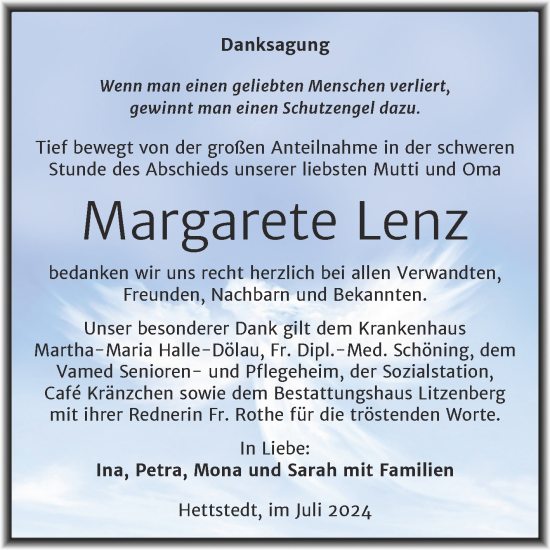 Traueranzeige von Margarete Lenz von Trauerkombi Mansfelder Land