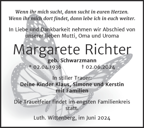 Traueranzeige von Margarete Richter von Trauerkombi Wittenberg