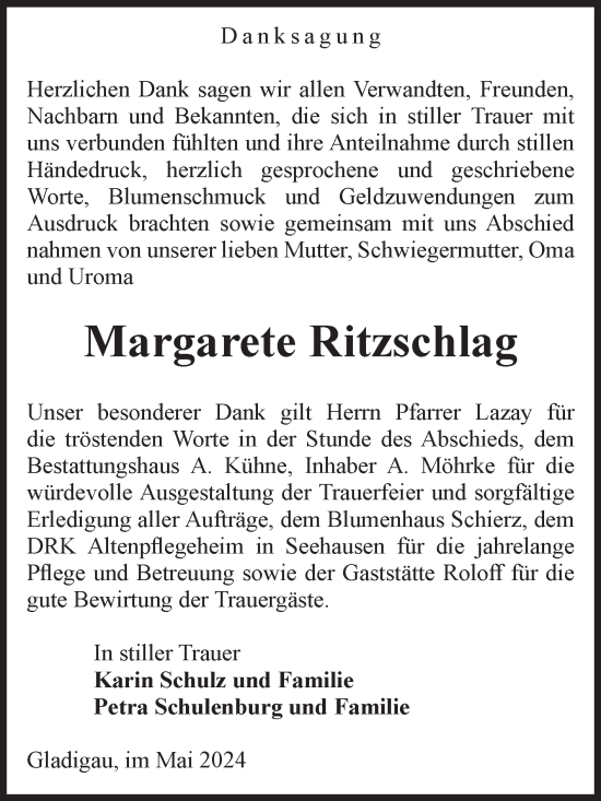Traueranzeige von Margarete Ritzschlag von Volksstimme Altmark Ost