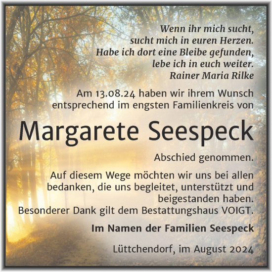 Traueranzeige von Margarete Seespeck von Trauerkombi Mansfelder Land