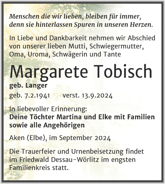 Traueranzeige von Margarete Tobisch von Trauerkombi Köthen