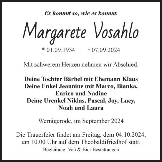 Traueranzeige von Margarete Vosahlo von Volksstimme Wernigerode