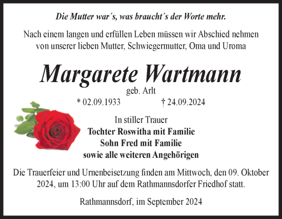 Traueranzeige von Margarete Wartmann von Volksstimme Staßfurt