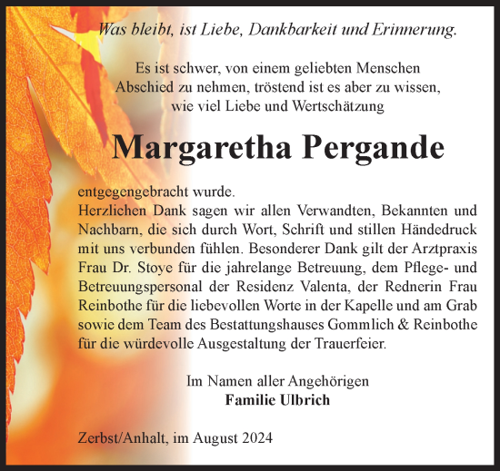 Traueranzeige von Margaretha Pergande von Volksstimme Zerbst