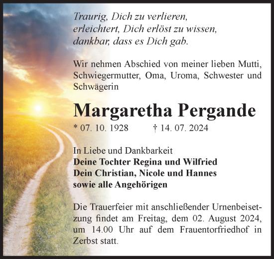 Traueranzeige von Margaretha Pergande von Volksstimme Zerbst