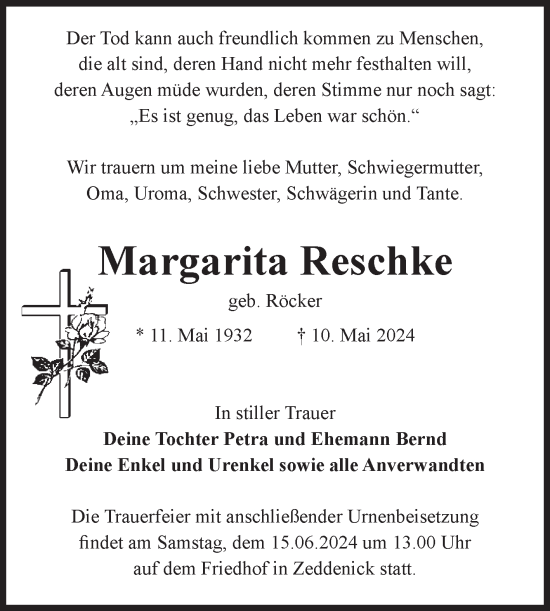 Traueranzeige von Margarita Reschke von Volksstimme Burg/Genthin