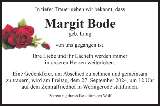 Traueranzeige von Margit Bode von Volksstimme Wernigerode