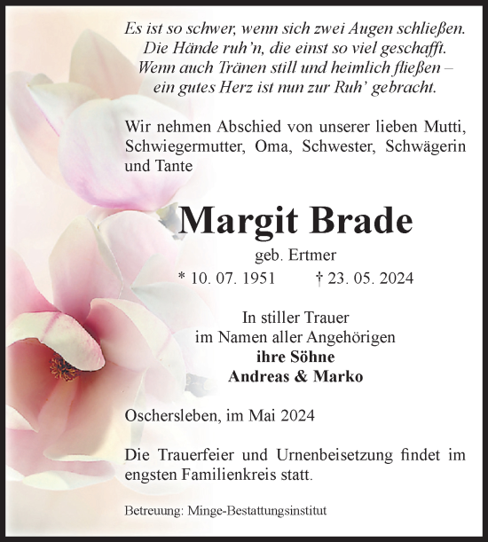 Traueranzeige von Margit Brade von Volksstimme Oschersleben/Wanzleben