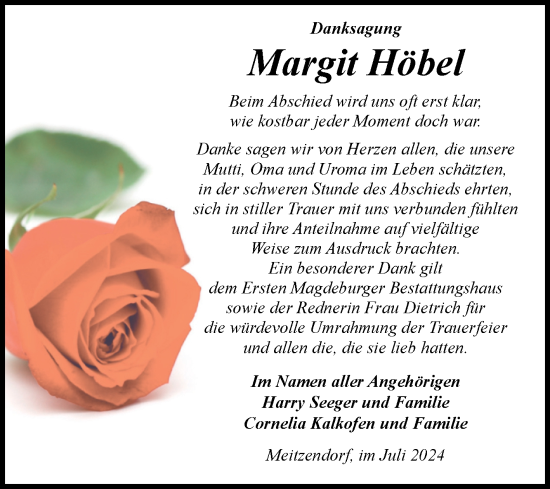 Traueranzeige von Margit Höbel von Volksstimme Haldensleben/Wolmirstedt