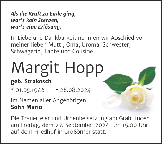 Traueranzeige von Margit Hopp von Trauerkombi Mansfelder Land