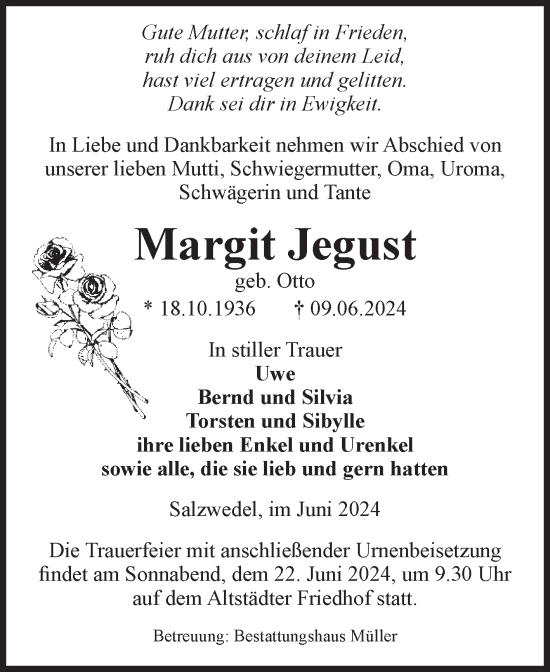 Traueranzeige von Margit Jegust von Volksstimme Altmark West