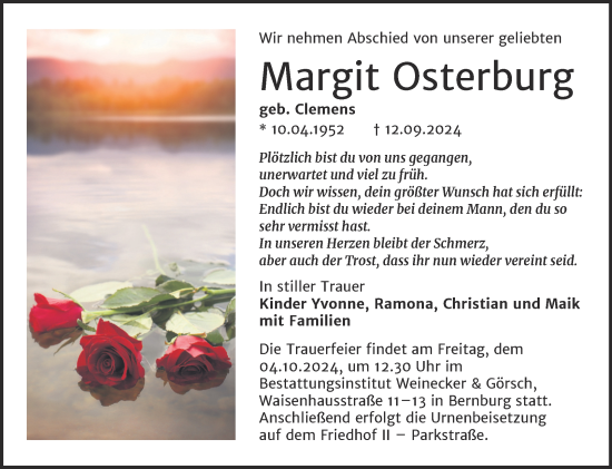 Traueranzeige von Margit Osterburg von Trauerkombi Bernburg