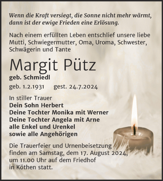 Traueranzeige von Margit Pütz von Trauerkombi Köthen