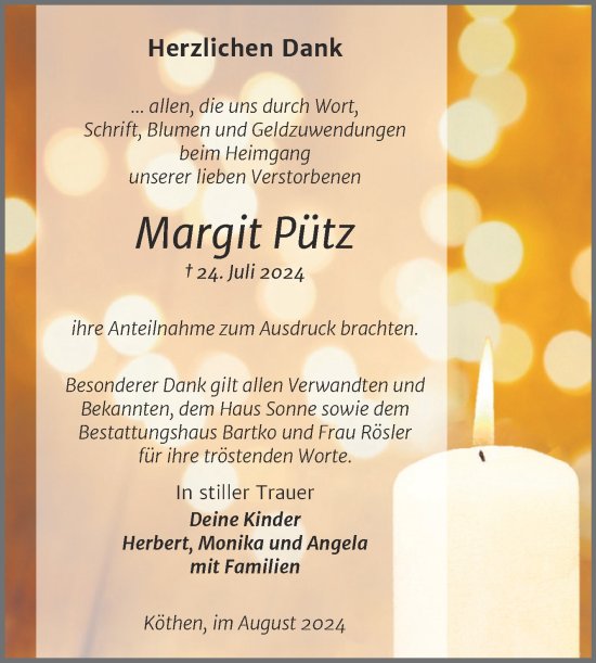 Traueranzeige von Margit Pütz von Trauerkombi Köthen