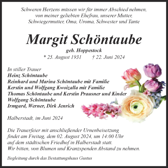 Traueranzeige von Margit Schöntaube von Volksstimme Halberstadt