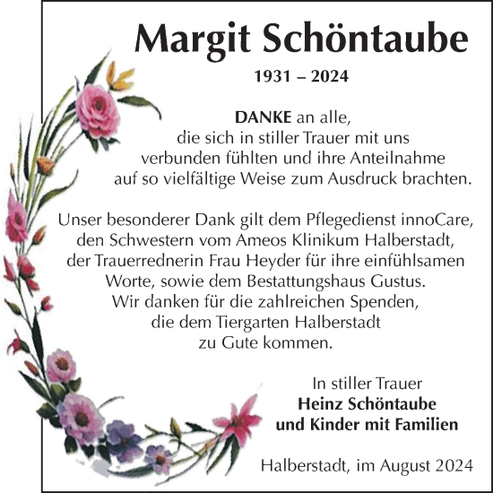Traueranzeige von Margit Schöntaube von Volksstimme Halberstadt