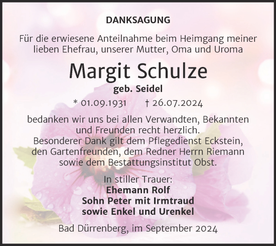 Traueranzeige von Margit Schulze von Trauerkombi Merseburg