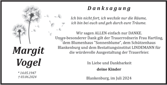 Traueranzeige von Margit Vogel von Volksstimme Wernigerode