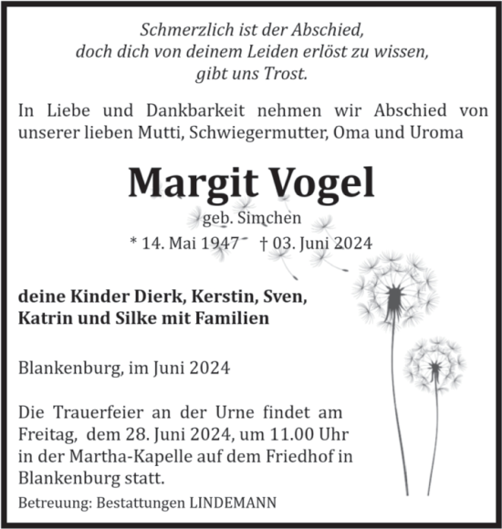 Traueranzeige von Margit Vogel von Volksstimme Wernigerode