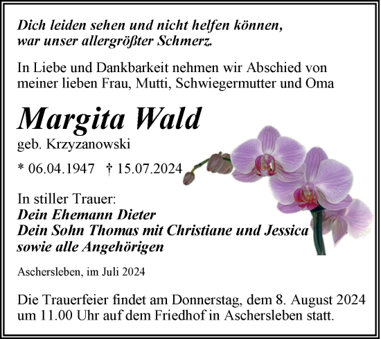 Traueranzeige von Margita Wald von Trauerkombi Aschersleben