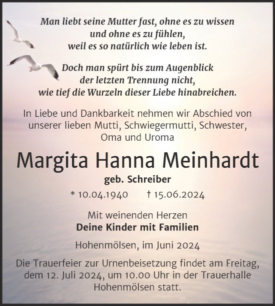 Traueranzeige von Margita Hanna Meinhardt von Trauerkombi Weißenfels