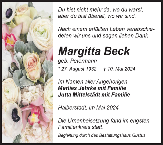 Traueranzeige von Margitta Beck von Volksstimme Halberstadt