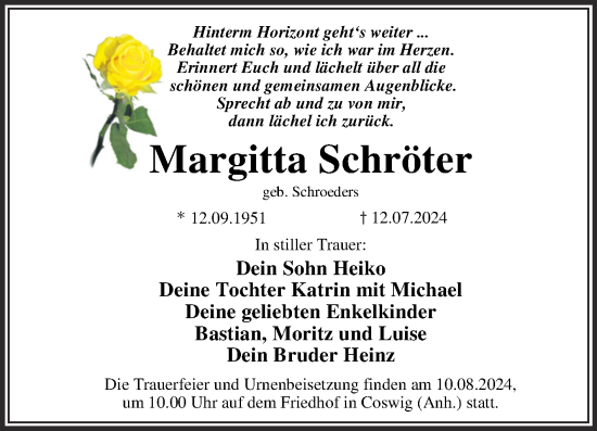 Traueranzeige von Margitta Schröter von Trauerkombi Wittenberg