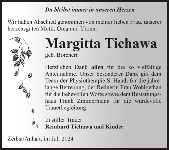 Traueranzeige von Margitta Tichawa von Volksstimme Zerbst