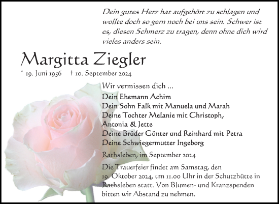 Traueranzeige von Margitta Ziegler von Volksstimme Altmark West