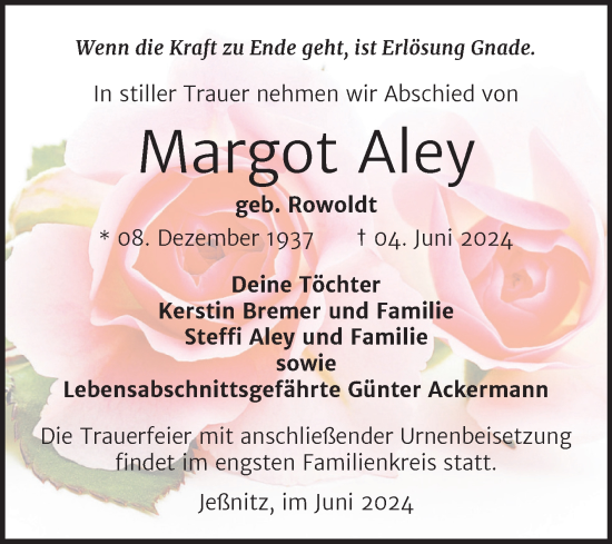 Traueranzeige von Margot Aley von Trauerkombi Bitterfeld