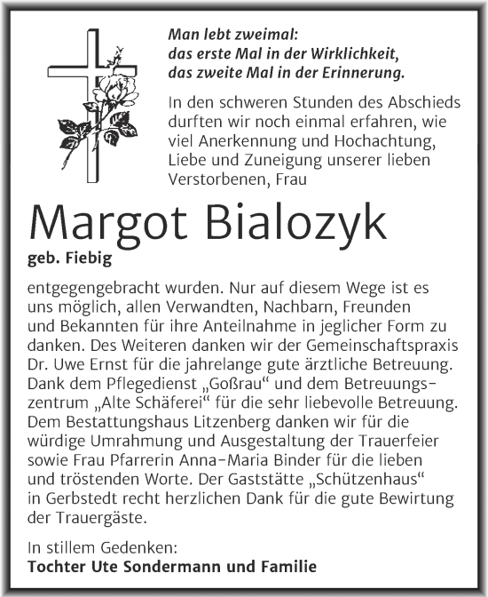 Traueranzeige von Margot Bialozyk von Trauerkombi Mansfelder Land