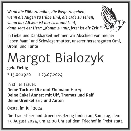 Traueranzeige von Margot Bialozyk von Trauerkombi Mansfelder Land