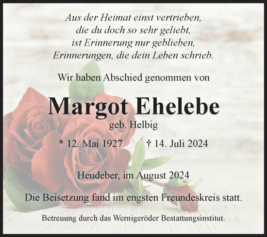 Traueranzeige von Margot Ehelebe von Volksstimme Wernigerode