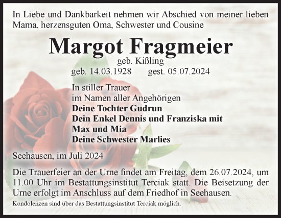 Traueranzeige von Margot Fragmeier von Volksstimme Oschersleben/Wanzleben