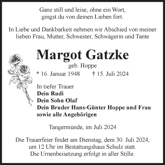 Traueranzeige von Margot Gatzke von Volksstimme Altmark Ost