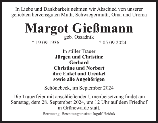Traueranzeige von Margot Gießmann von Volksstimme Schönebeck