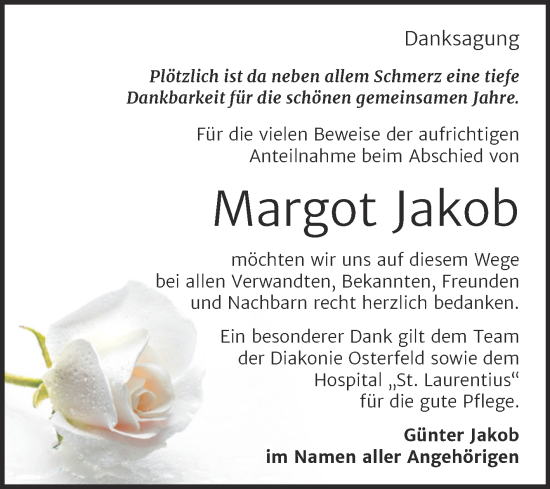 Traueranzeige von Margot Jakob von Super Sonntag Naumburg/Nebra