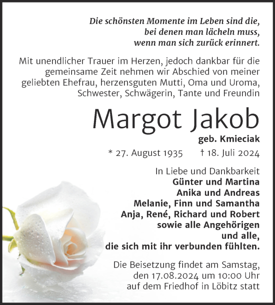 Traueranzeige von Margot Jakob von Super Sonntag Naumburg/Nebra